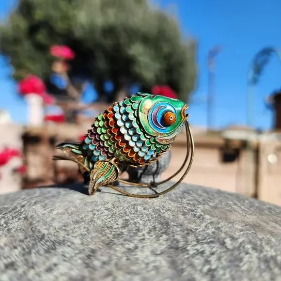 Vtg Old Chinese Export Fish Figurine Sterling Silver Gilt Cloisonne Articulated - Picture 6 of 16